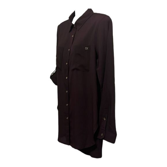 Calvin Klein Long Roll Tab Sleeve Button Front Crepe Blouse CK Eggplant Work Top - Picture 11 of 12